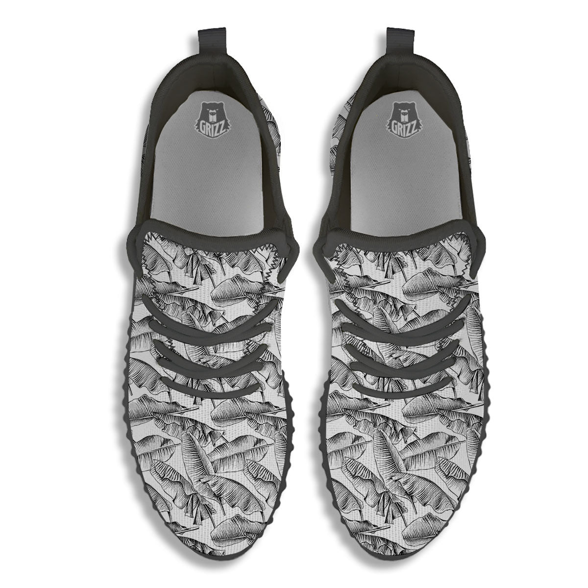 Banana Leaf White And Black Print Black Walking Shoes-grizzshop