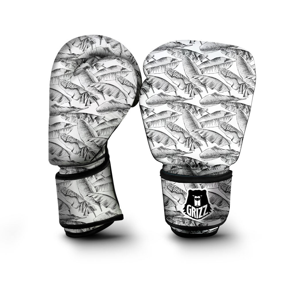 Banana Leaf White And Black Print Boxing Gloves-grizzshop