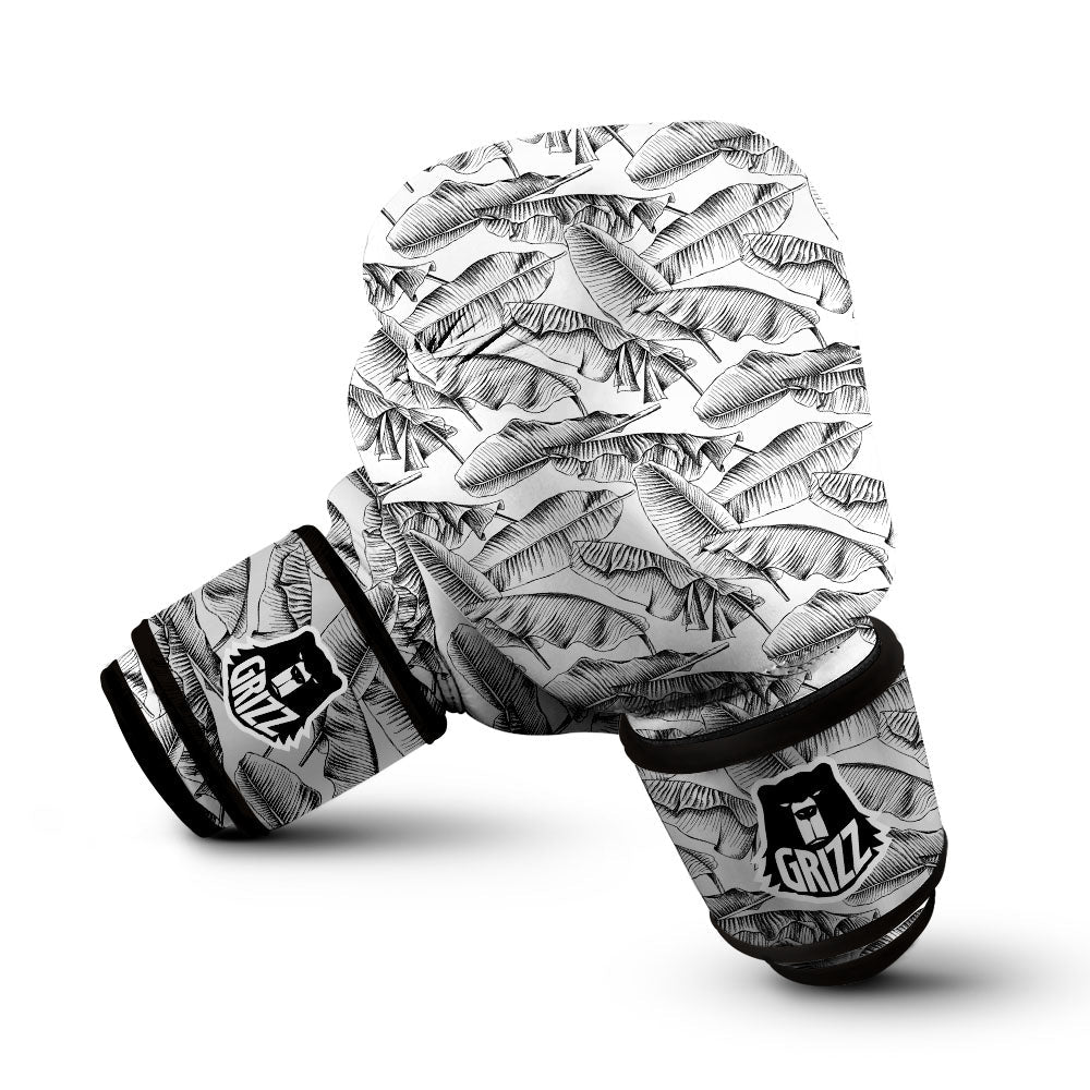 Banana Leaf White And Black Print Boxing Gloves-grizzshop