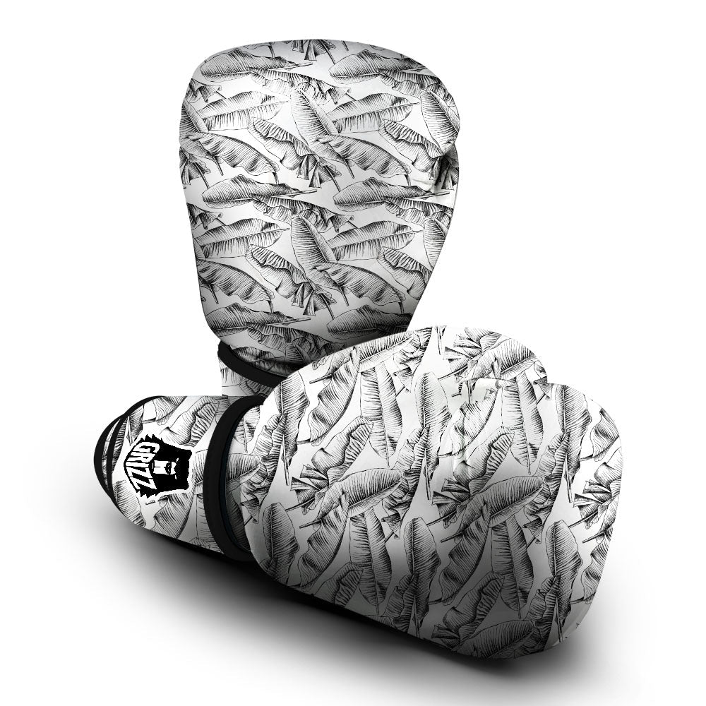 Banana Leaf White And Black Print Boxing Gloves-grizzshop