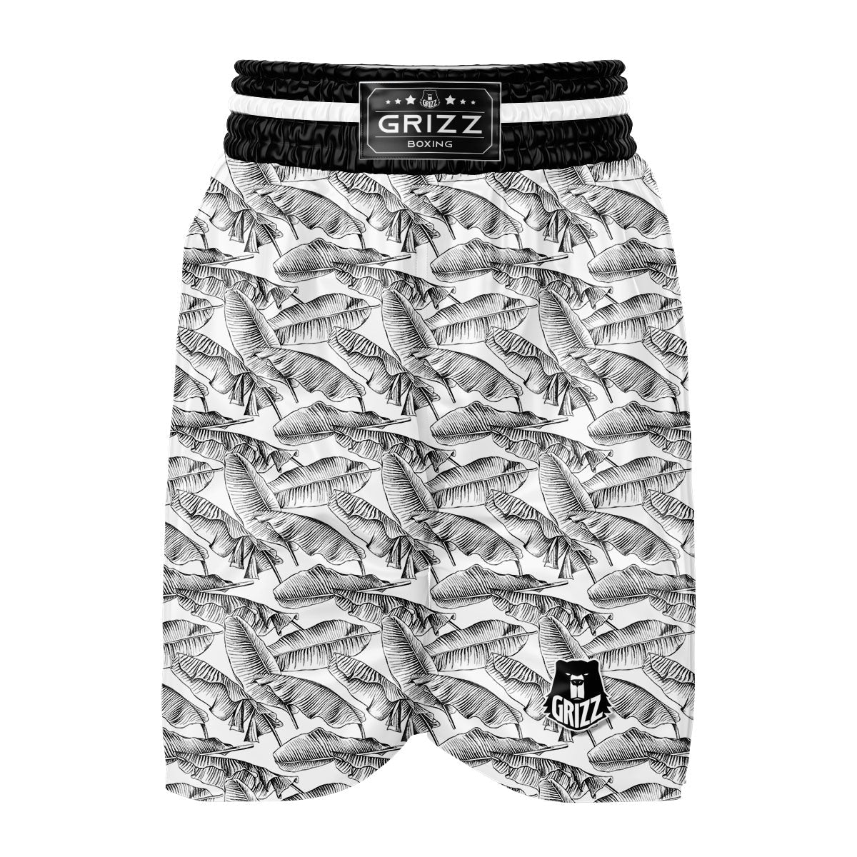 Banana Leaf White And Black Print Boxing Shorts-grizzshop