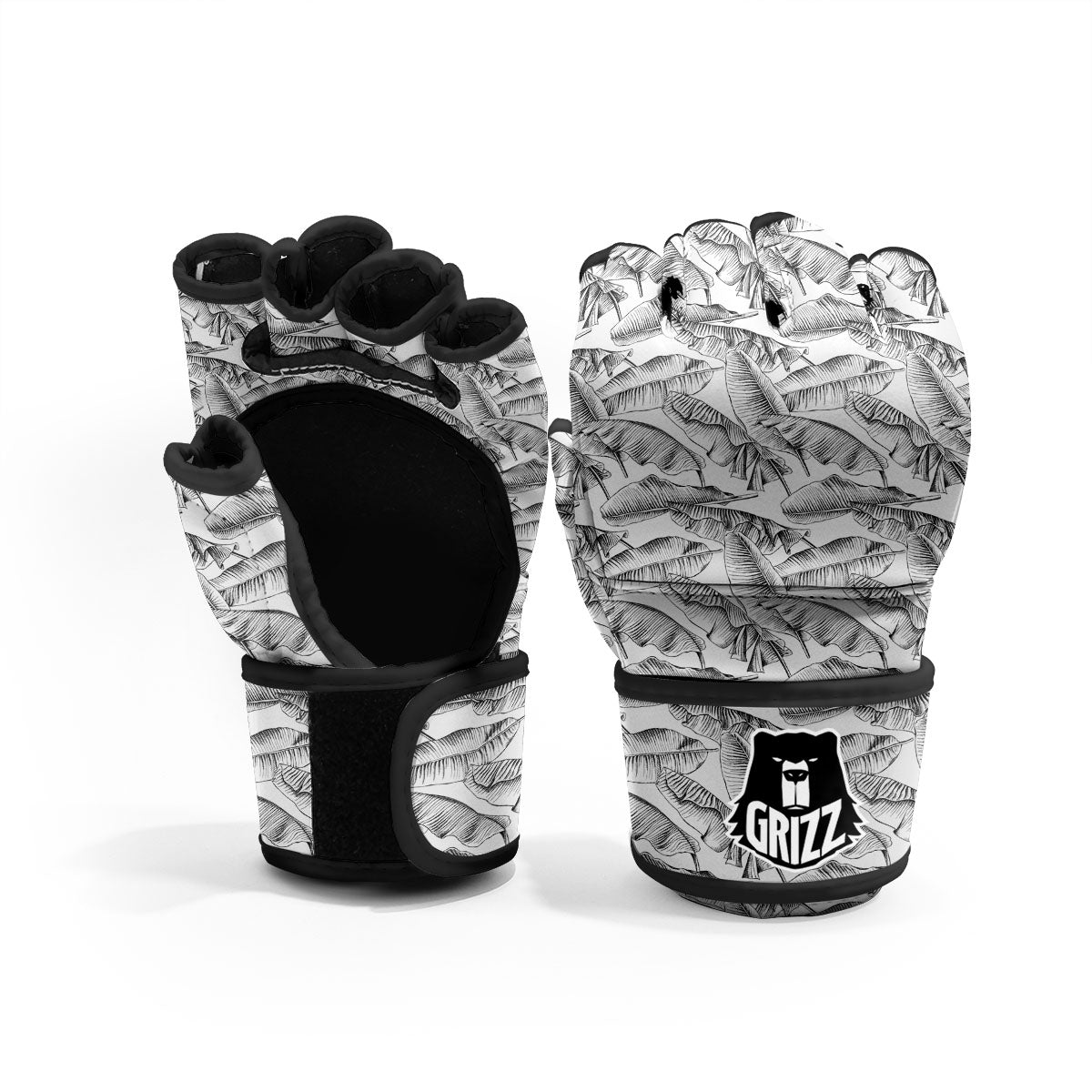 Banana Leaf White And Black Print MMA Gloves-grizzshop