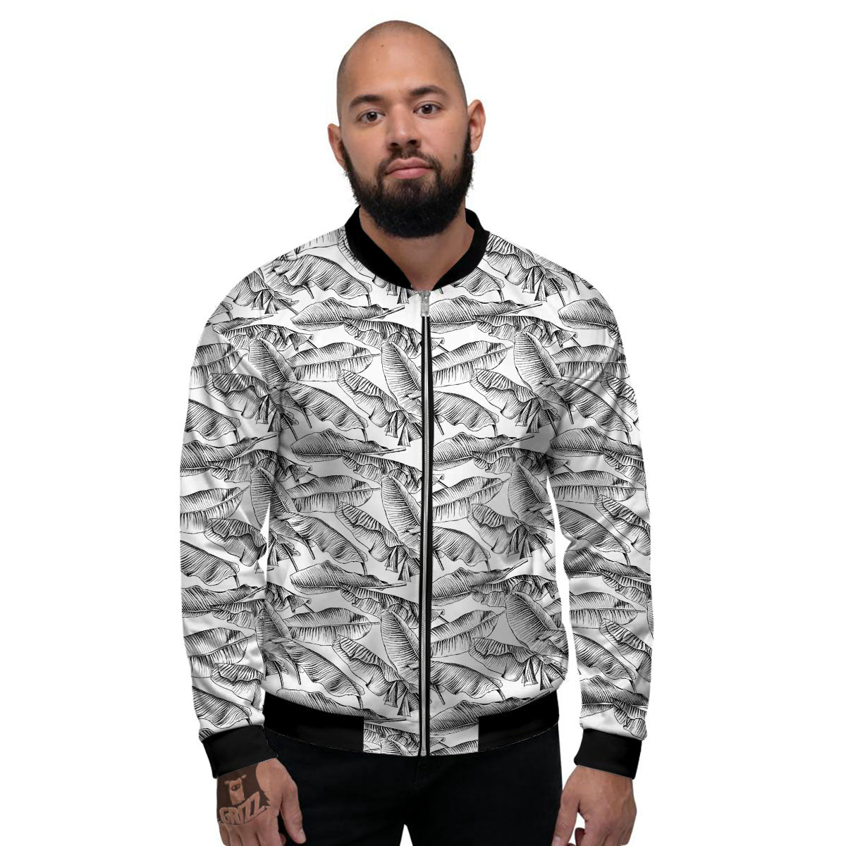 Banana Leaf White And Black Print Men's Bomber Jacket-grizzshop