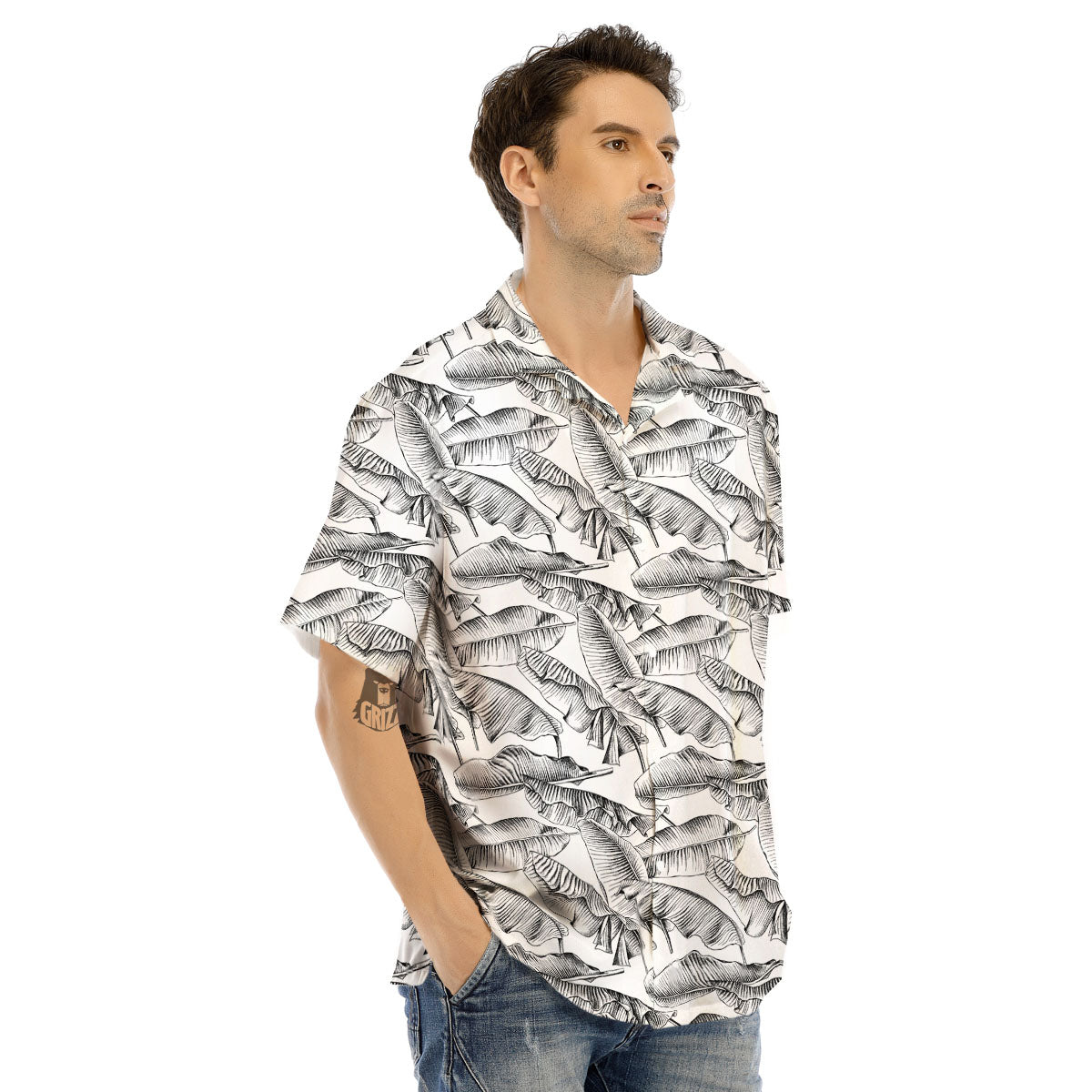 Banana Leaf White And Black Print Men's Hawaiian Shirt-grizzshop