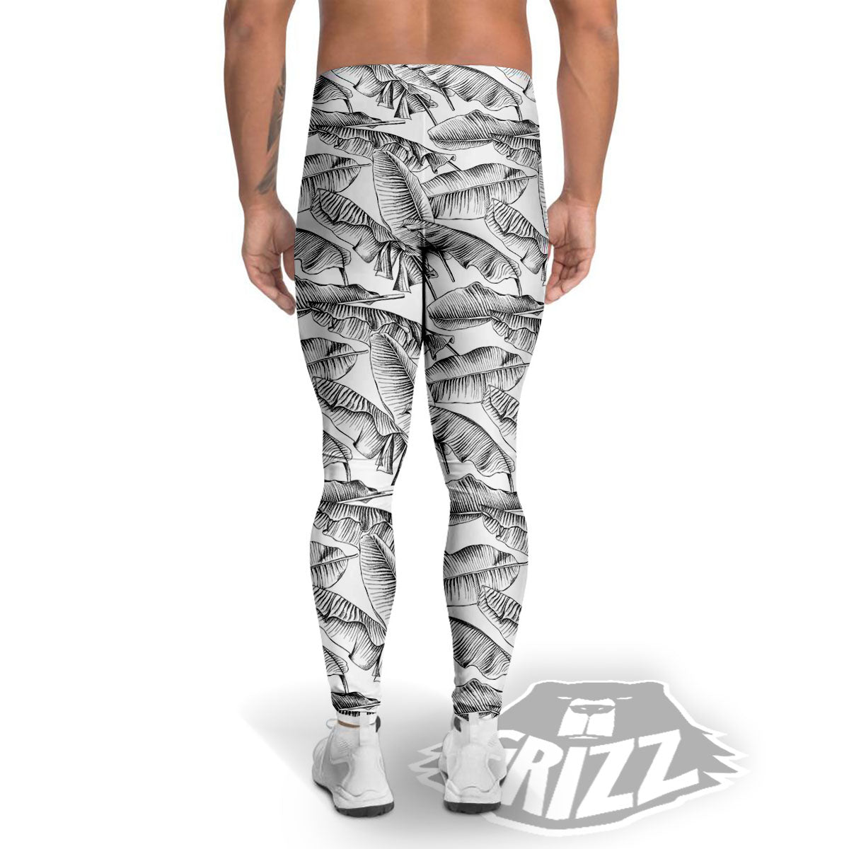 Banana Leaf White And Black Print Men's Leggings-grizzshop