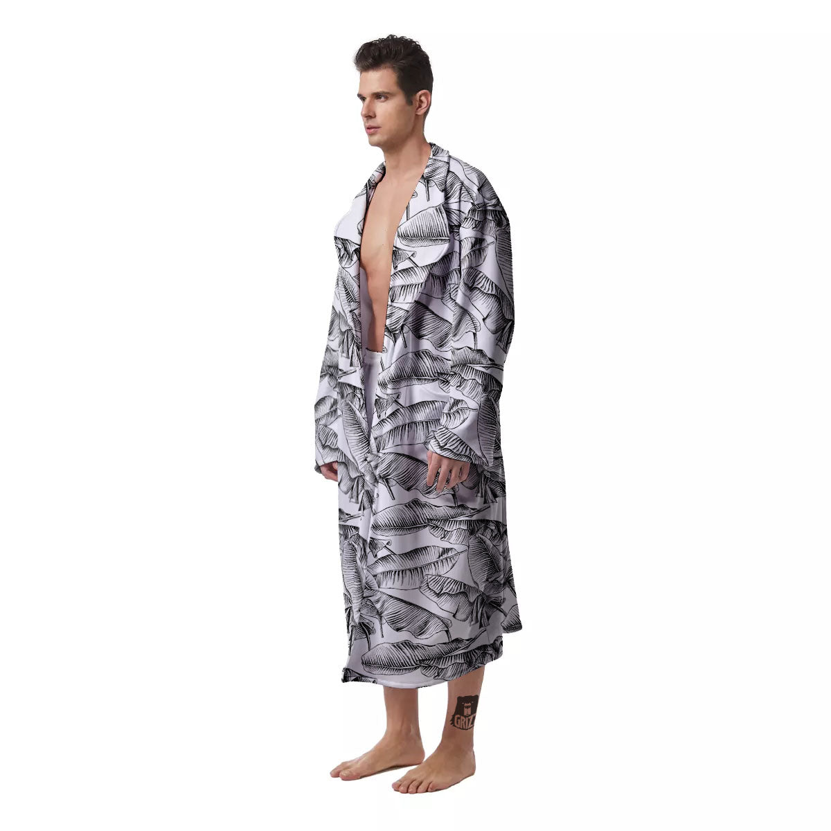 Banana Leaf White And Black Print Men's Robe-grizzshop