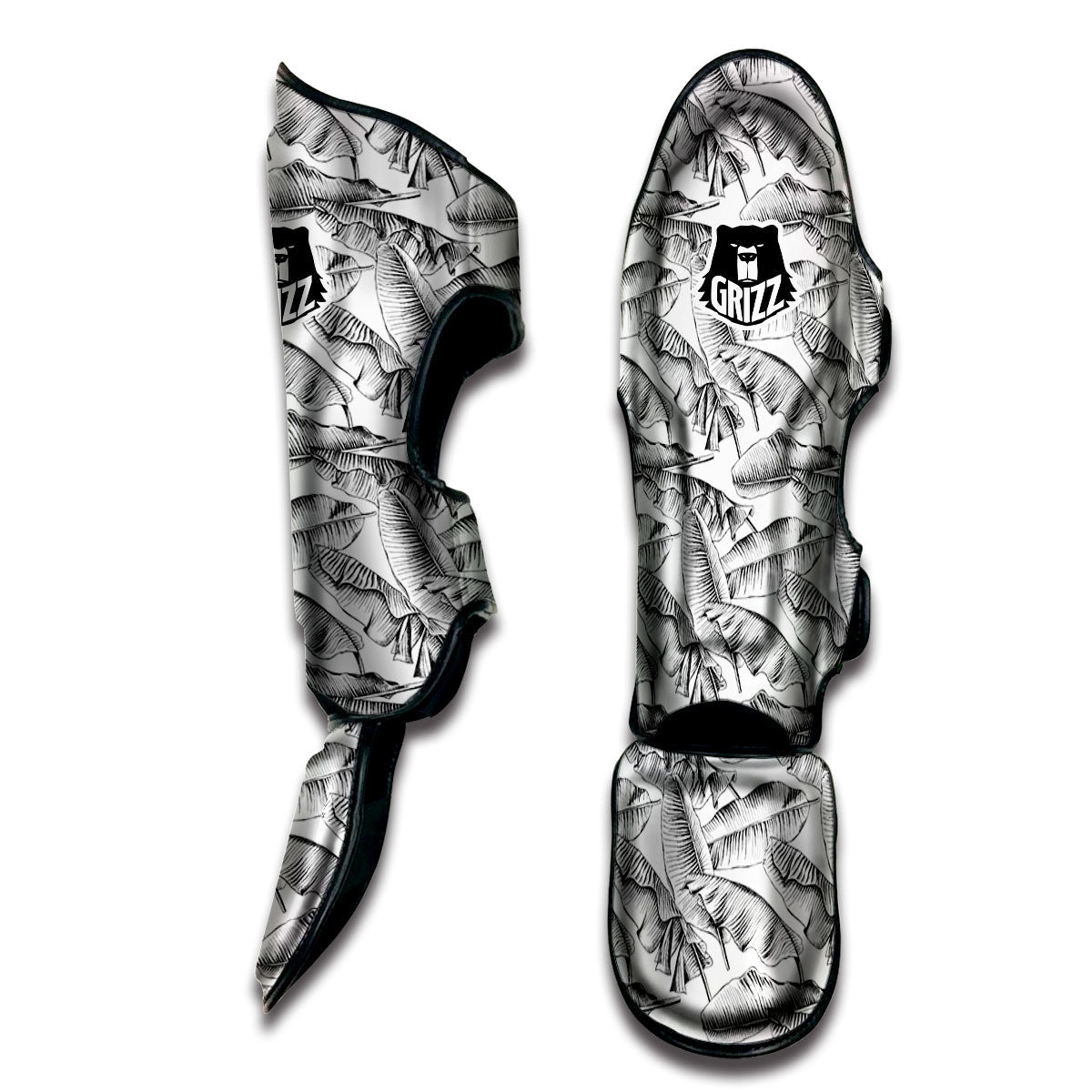 Banana Leaf White And Black Print Muay Thai Shin Guards-grizzshop