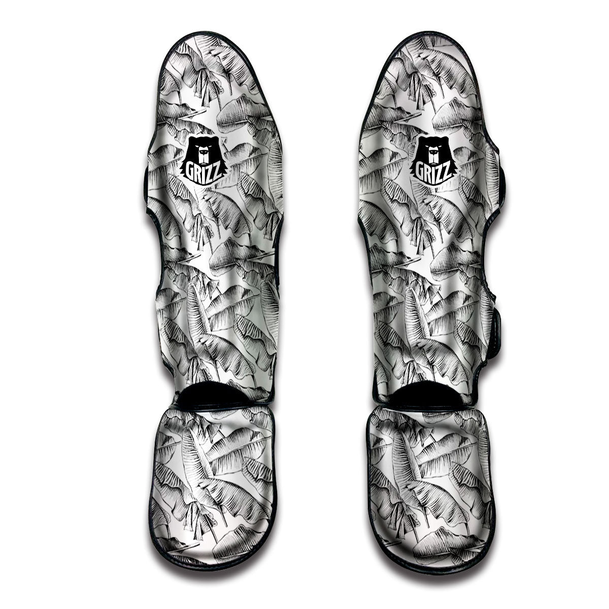 Banana Leaf White And Black Print Muay Thai Shin Guards-grizzshop