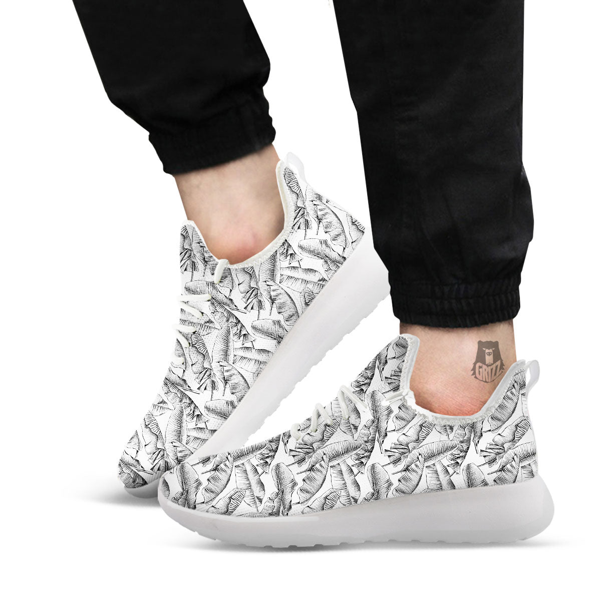 Banana Leaf White And Black Print White Athletic Shoes-grizzshop