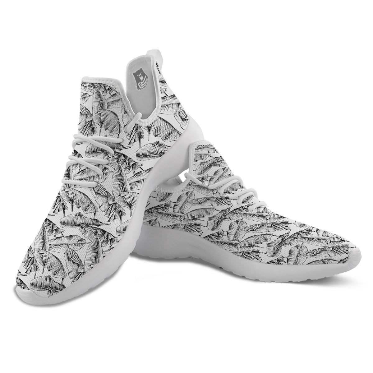 Banana Leaf White And Black Print White Athletic Shoes-grizzshop