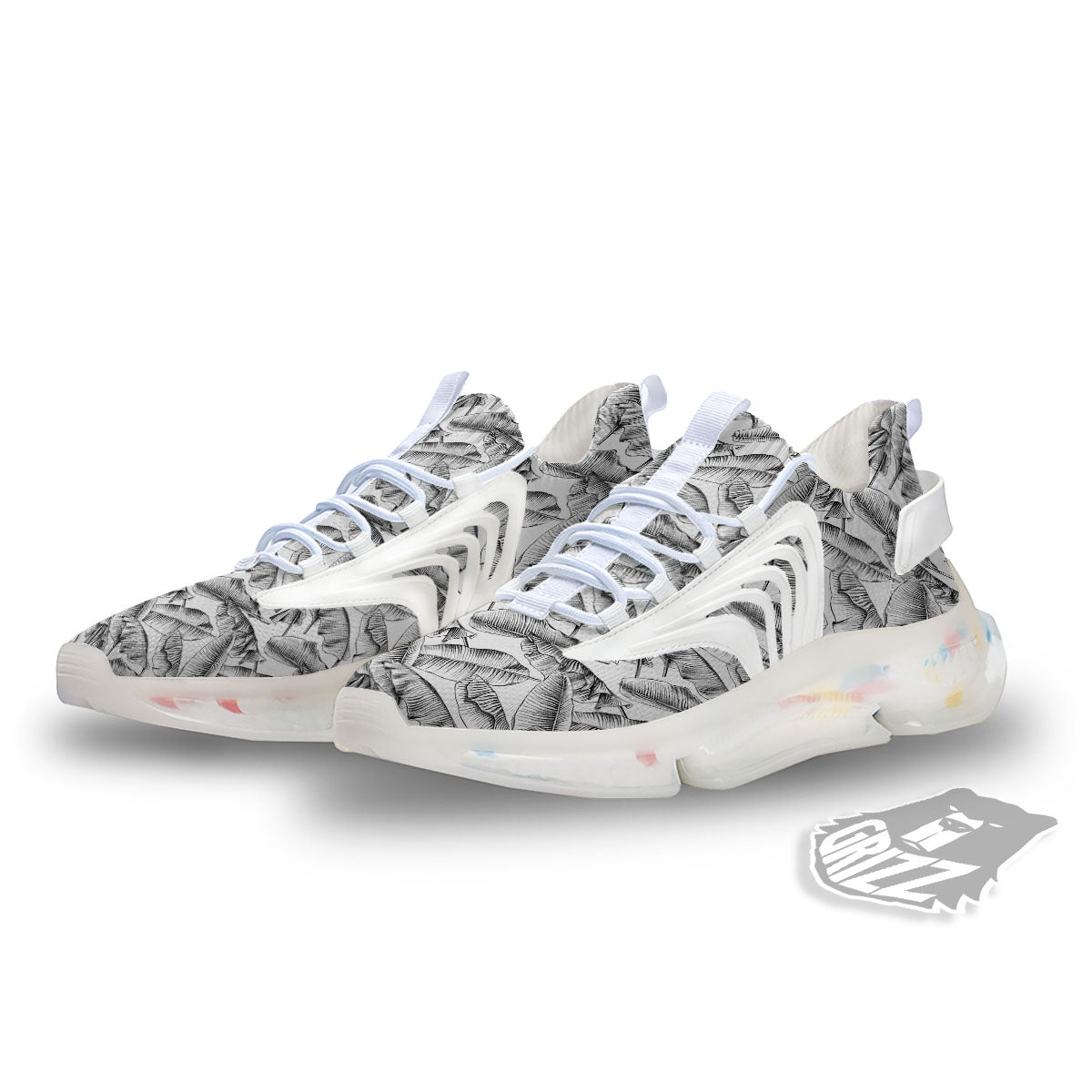 Banana Leaf White And Black Print White Gym Shoes-grizzshop