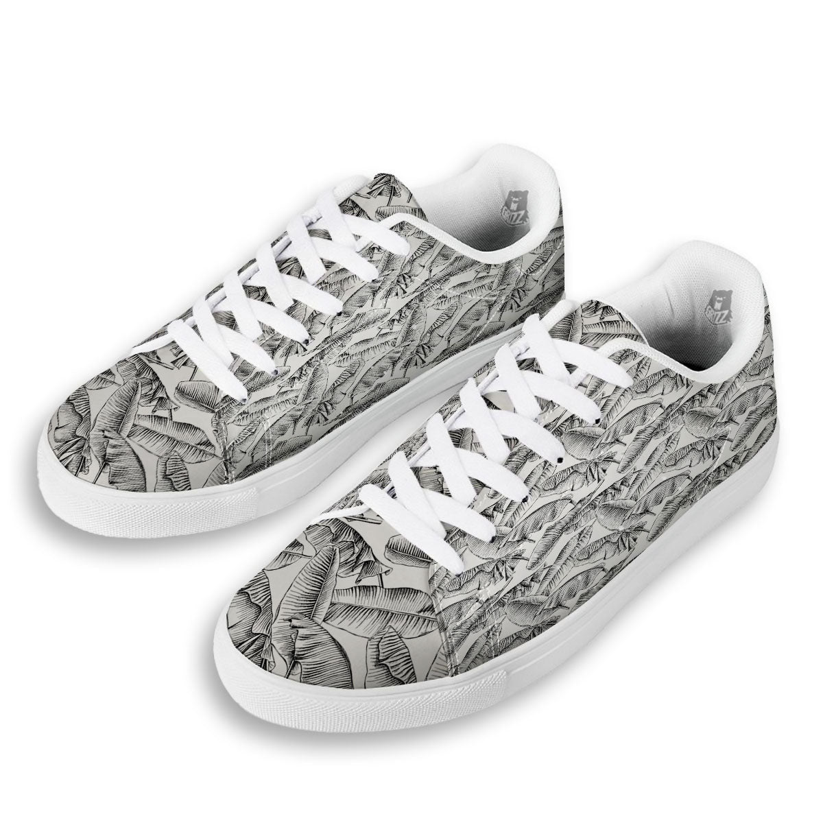 Banana Leaf White And Black Print White Low Top Sneakers-grizzshop