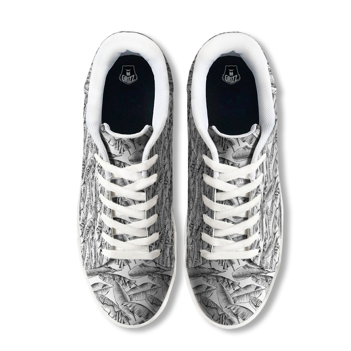 Banana Leaf White And Black Print White Low Top Sneakers-grizzshop
