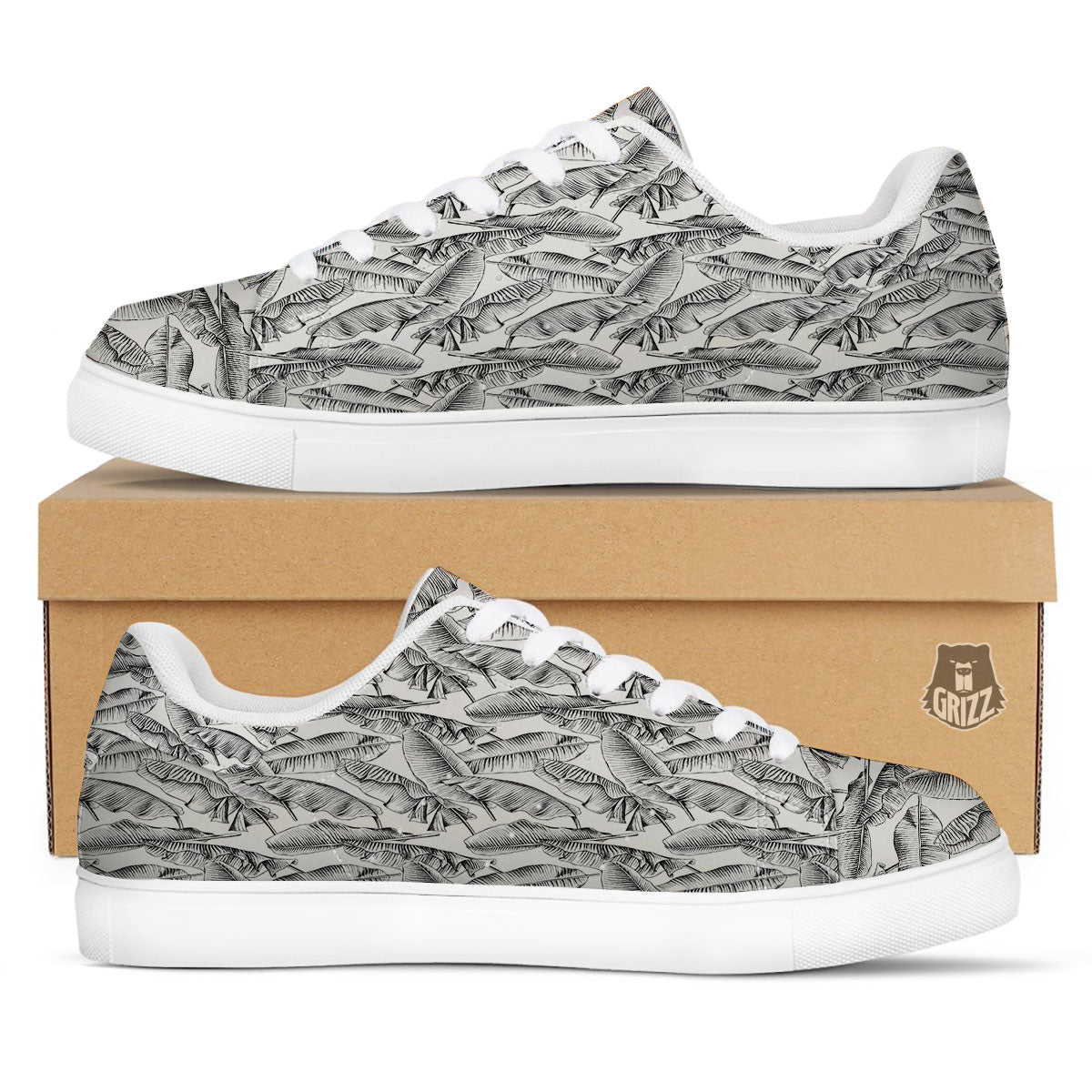 Banana Leaf White And Black Print White Low Top Sneakers-grizzshop