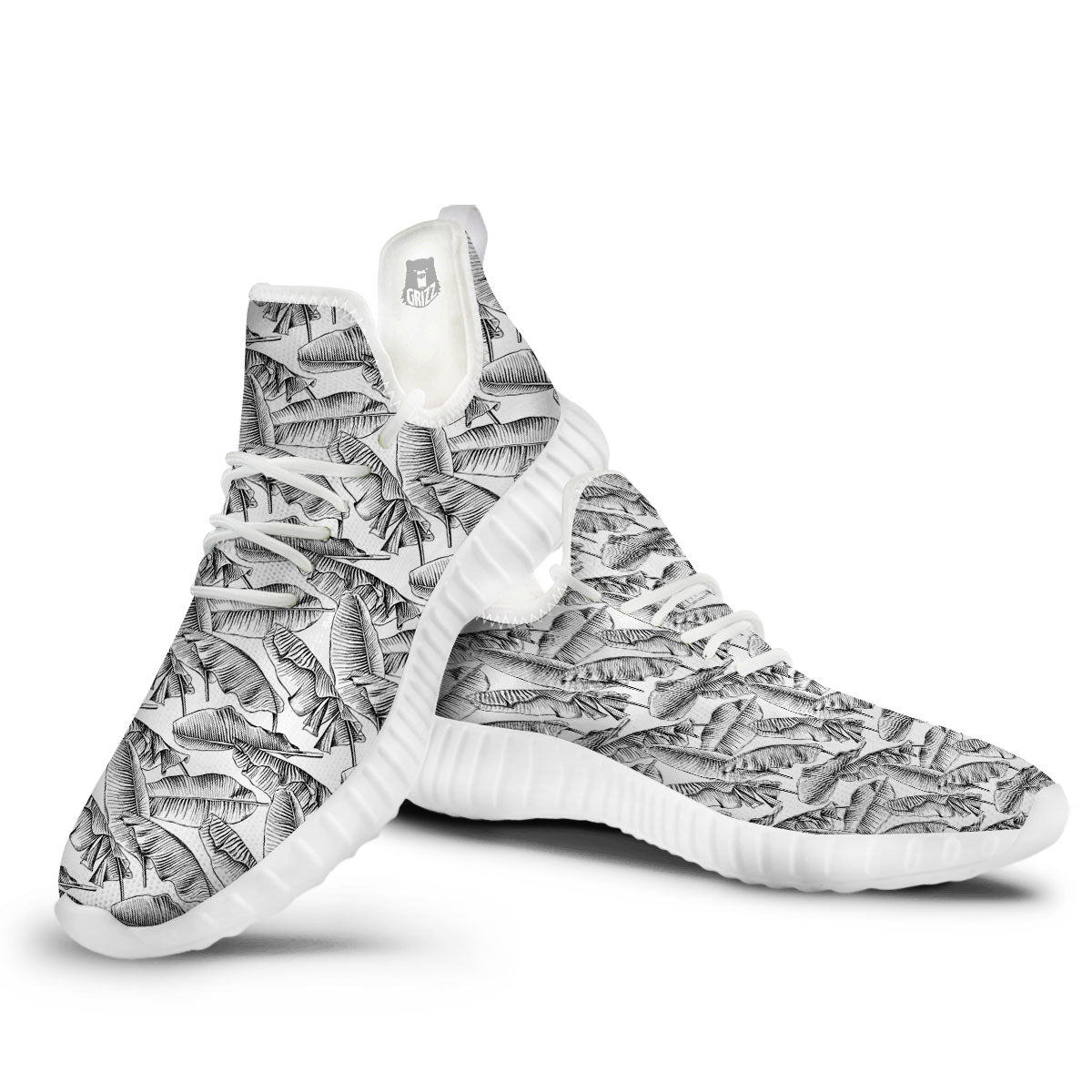 Banana Leaf White And Black Print White Walking Shoes-grizzshop