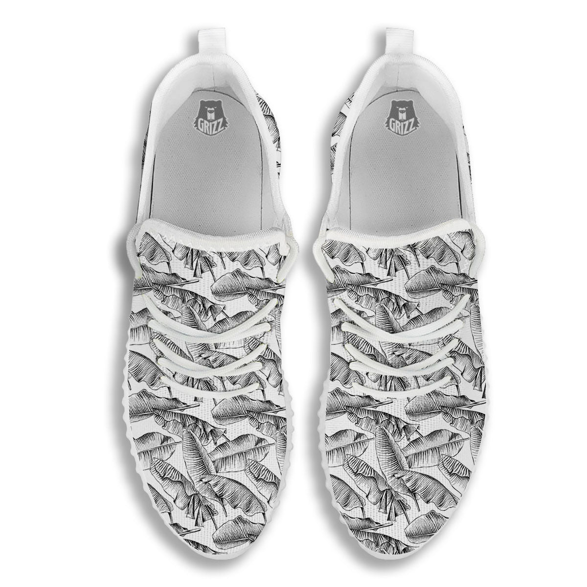 Banana Leaf White And Black Print White Walking Shoes-grizzshop