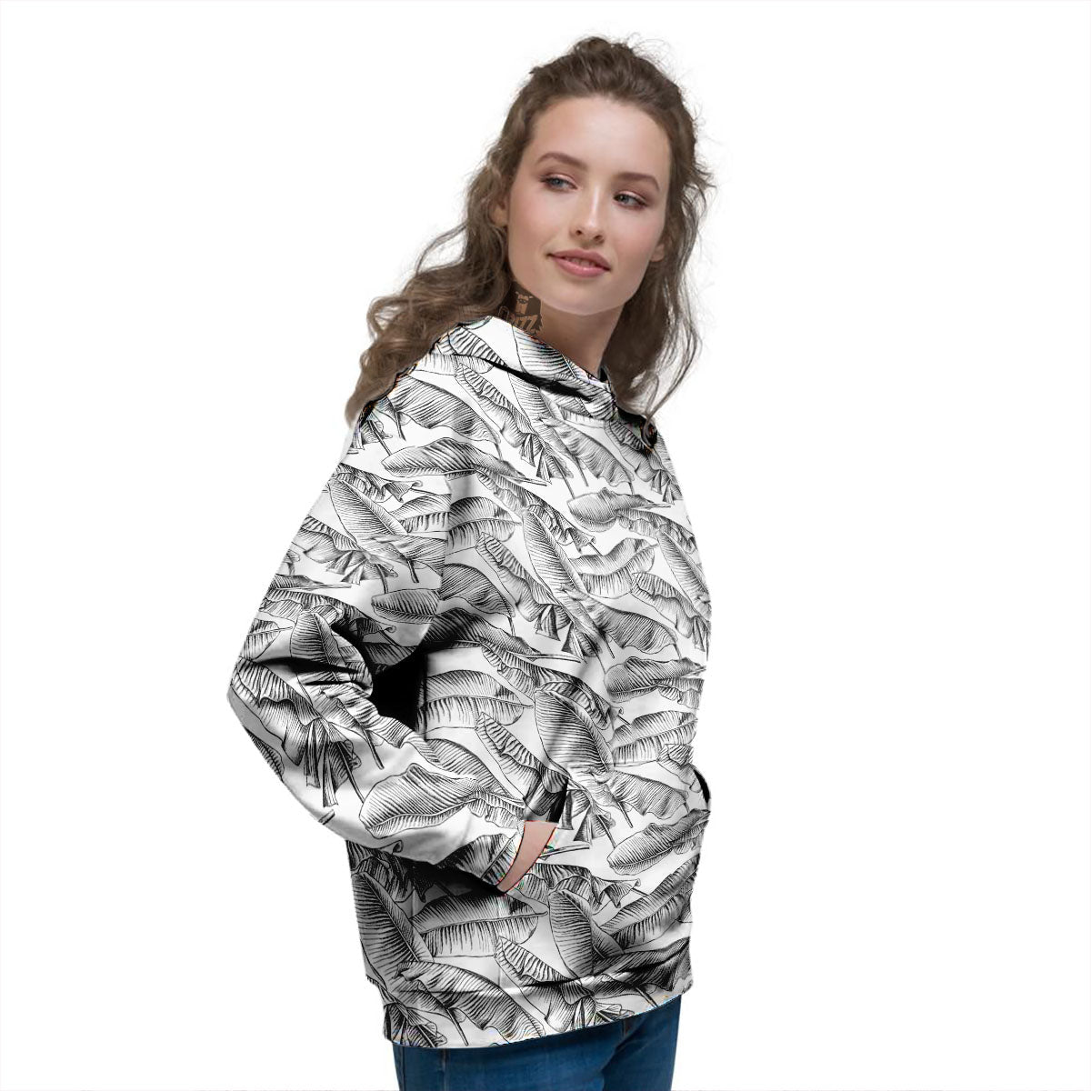 Banana Leaf White And Black Print Women's Hoodie-grizzshop