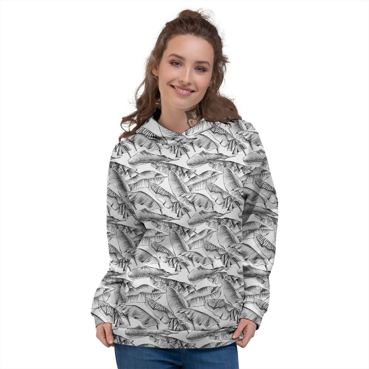 Banana Leaf White And Black Print Women's Hoodie-grizzshop