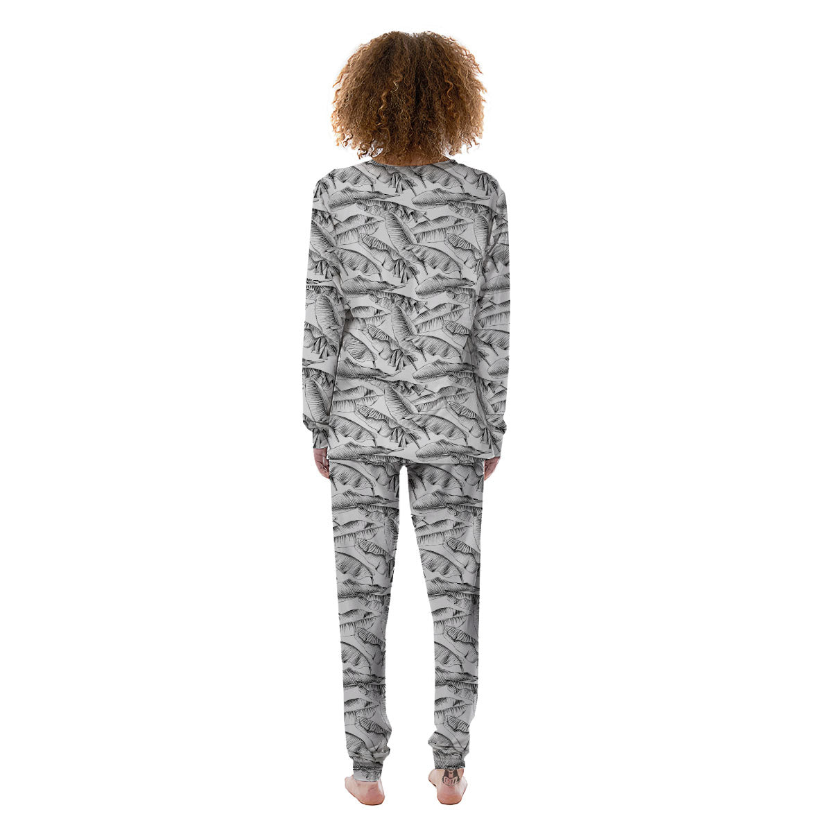 Banana Leaf White And Black Print Women's Pajamas-grizzshop