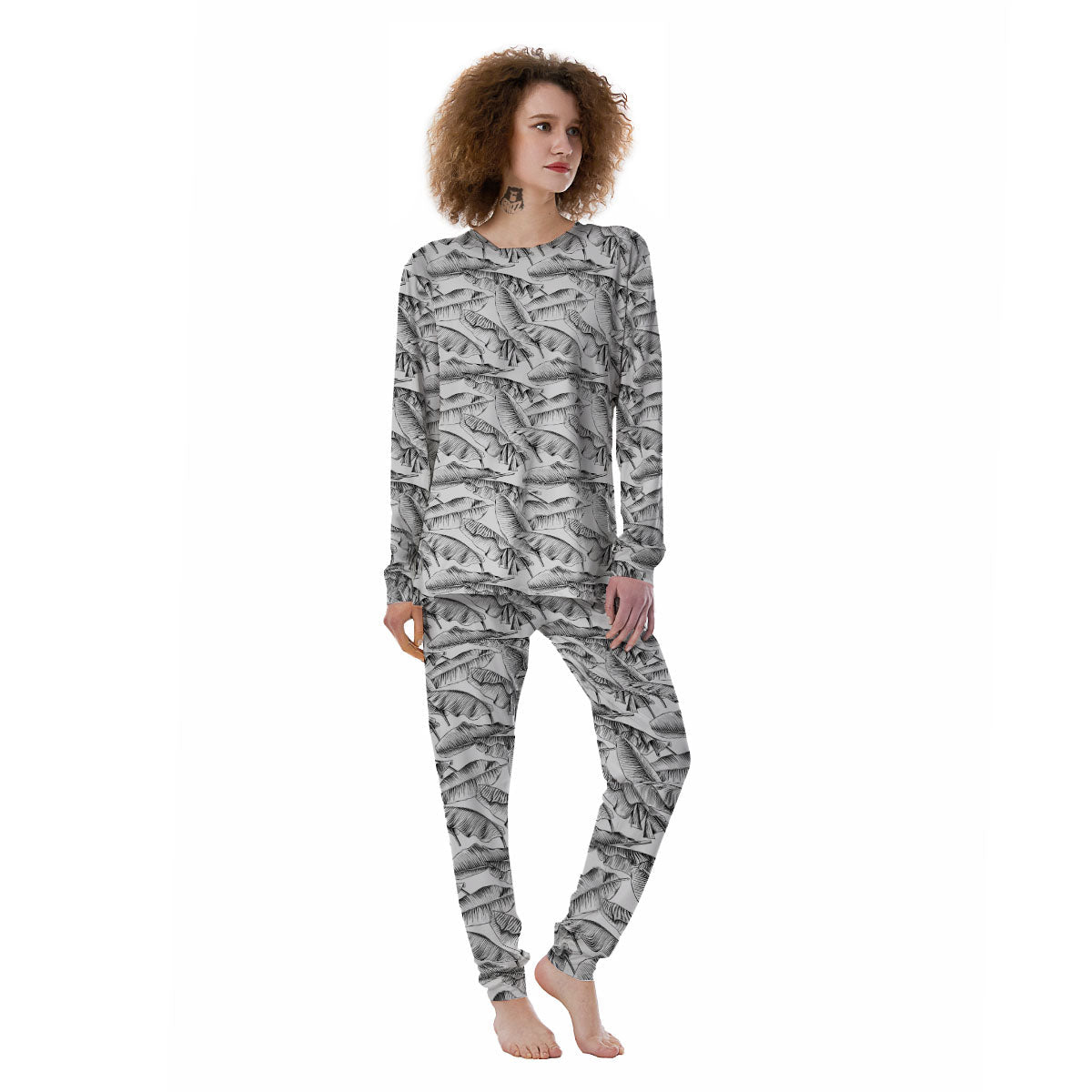 Banana Leaf White And Black Print Women's Pajamas-grizzshop