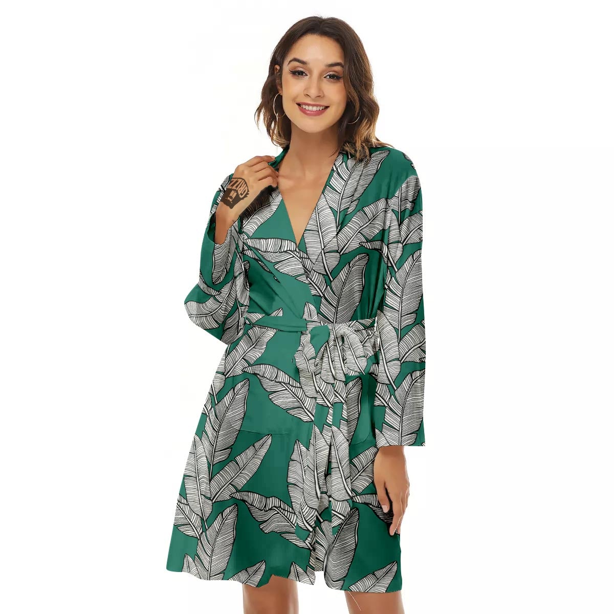 Banana Leaves Teal Print Pattern Women's Robe-grizzshop