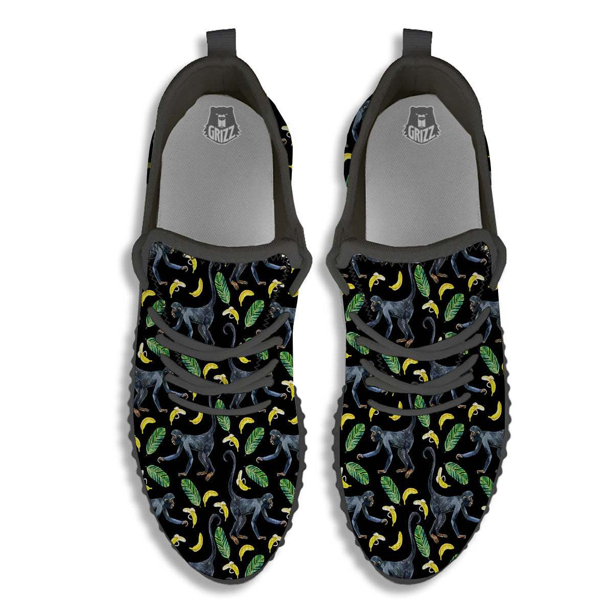 Banana Monkey Pattern Pattern Black Walking Shoes-grizzshop