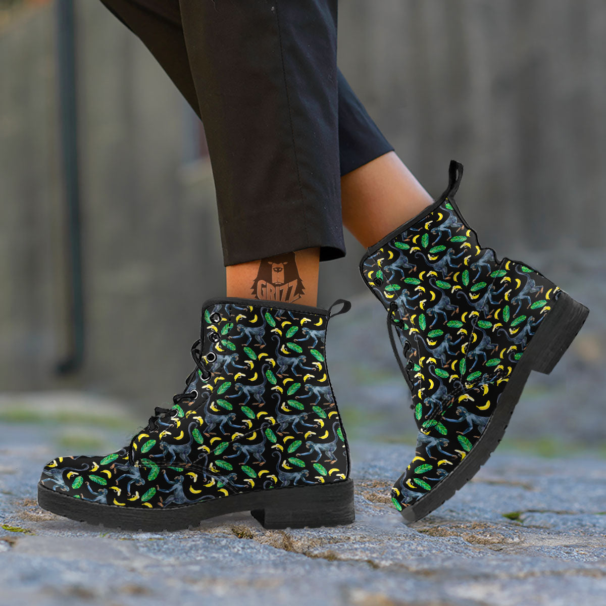 Banana Monkey Pattern Pattern Leather Boots-grizzshop