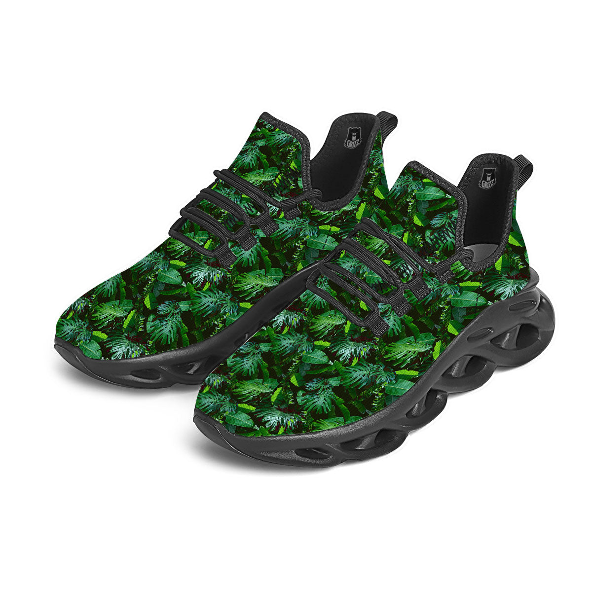 Banana Palm Leaf Green Tropical Print Black Running Shoes-grizzshop