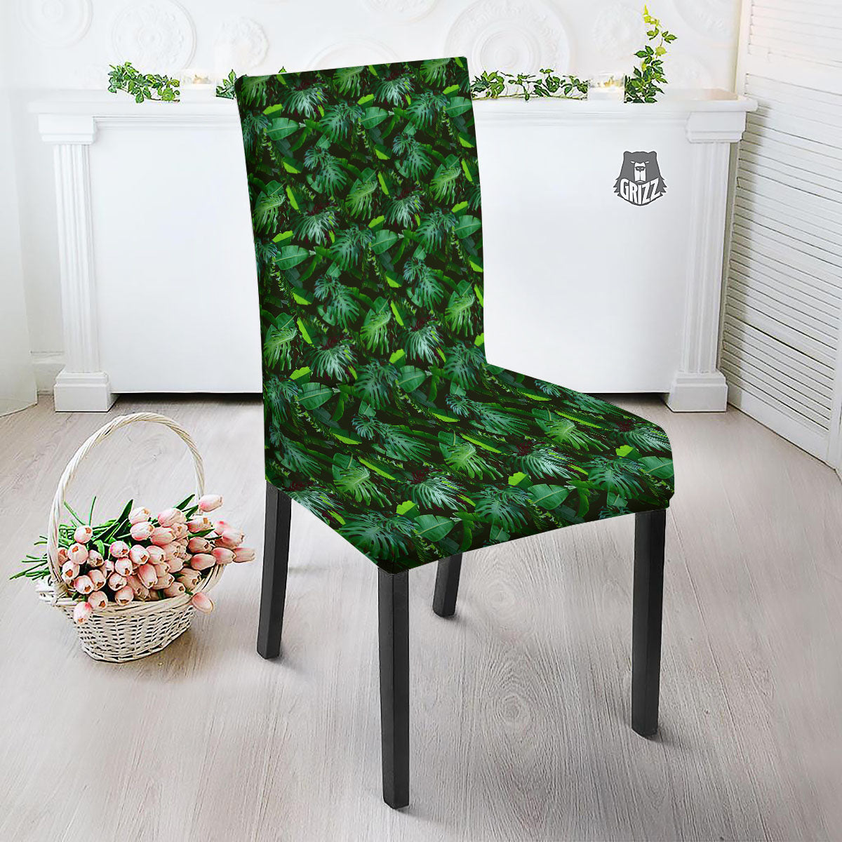 Banana Palm Leaf Green Tropical Print Dining Chair Slipcover-grizzshop