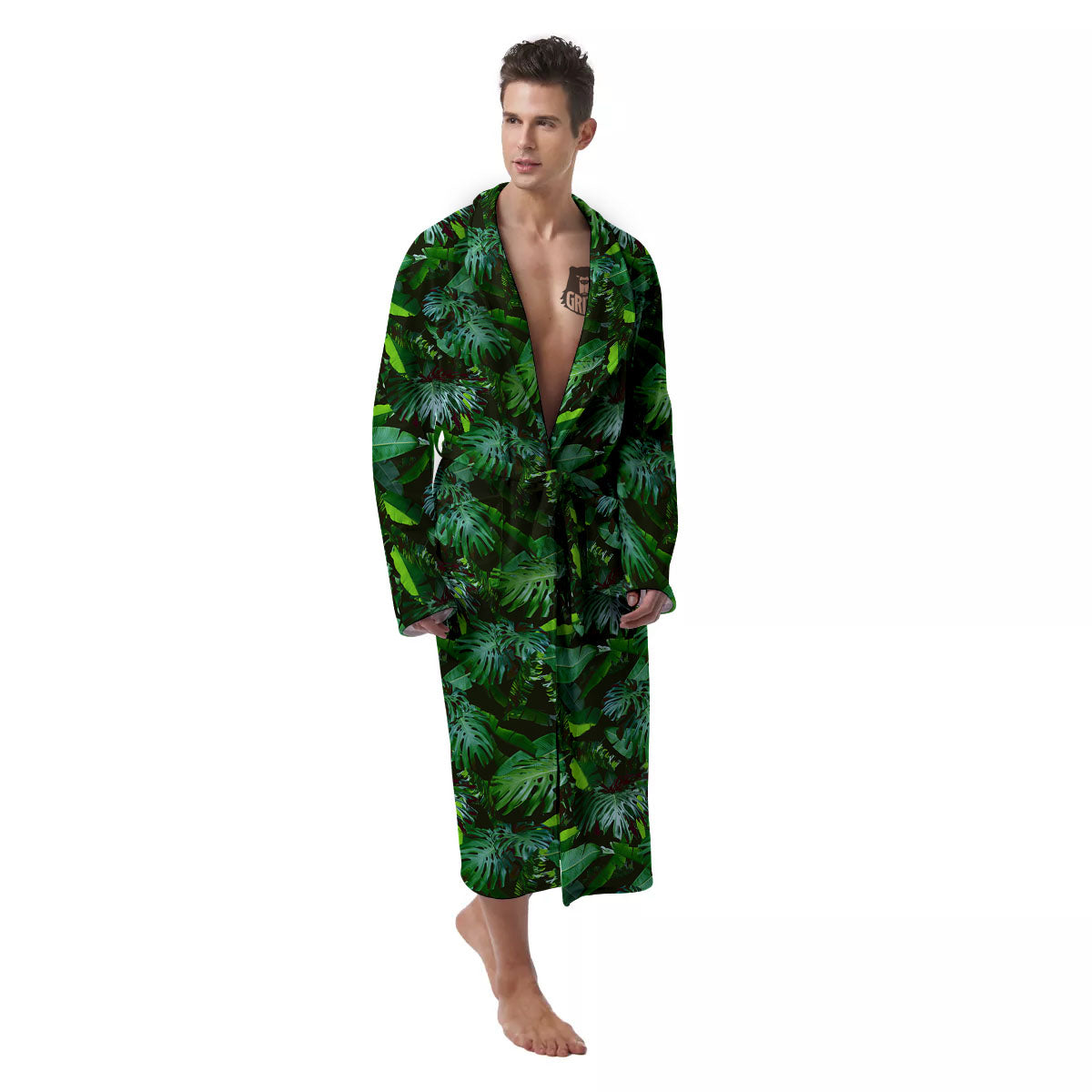 Banana Palm Leaf Green Tropical Print Men's Robe-grizzshop