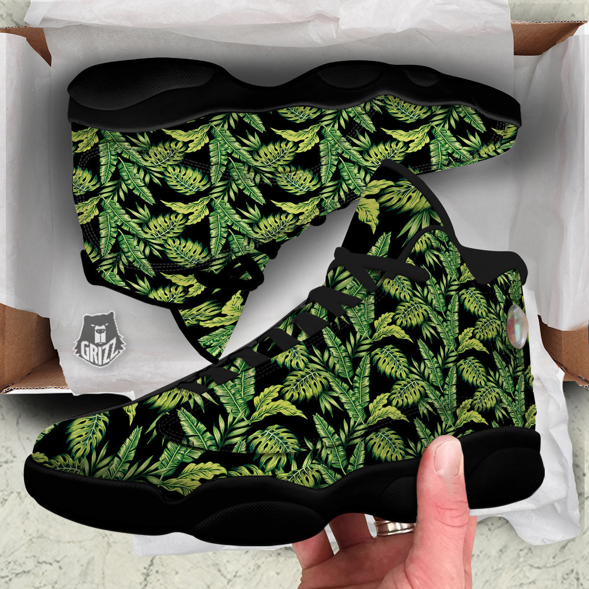 Banana Palm Leaf Print Pattern Black Basketball Shoes-grizzshop