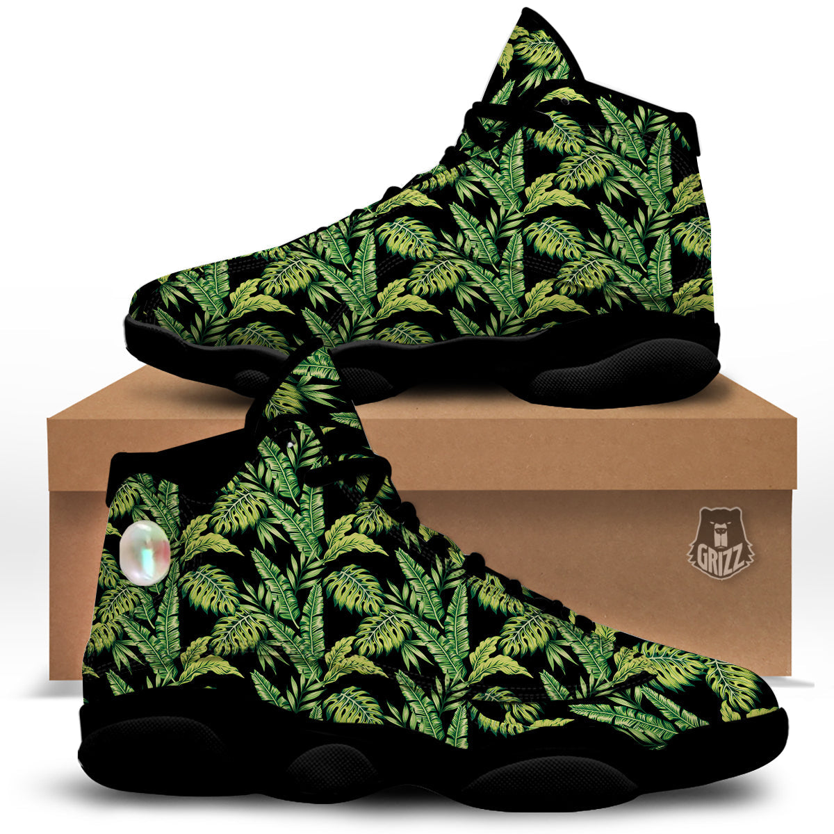 Banana Palm Leaf Print Pattern Black Basketball Shoes-grizzshop