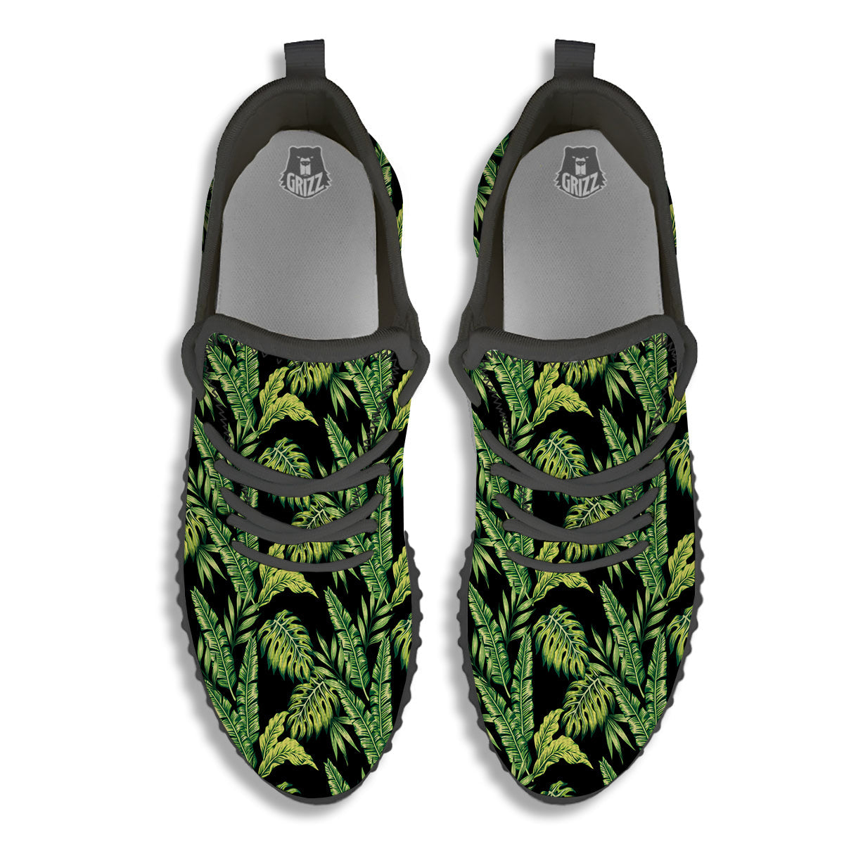 Banana Palm Leaf Print Pattern Black Walking Shoes-grizzshop