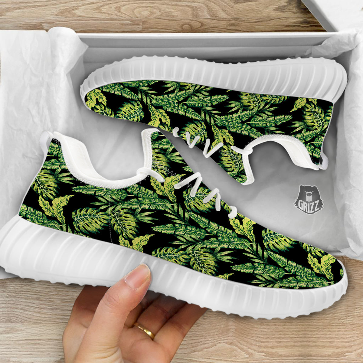 Banana Palm Leaf Print Pattern White Walking Shoes-grizzshop