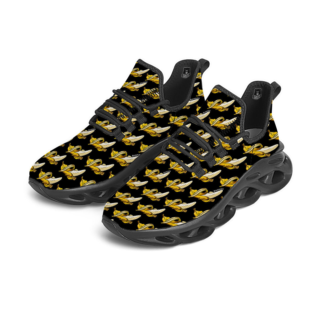 Banana Yellow And Black Print Pattern Black Running Shoes-grizzshop