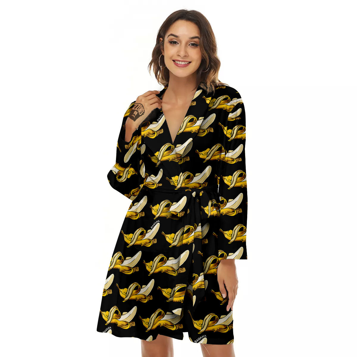 Banana Yellow And Black Print Pattern Women's Robe-grizzshop
