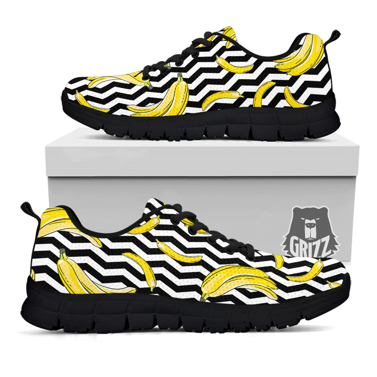 Banana Zigzag Print Pattern Black Sneaker-grizzshop