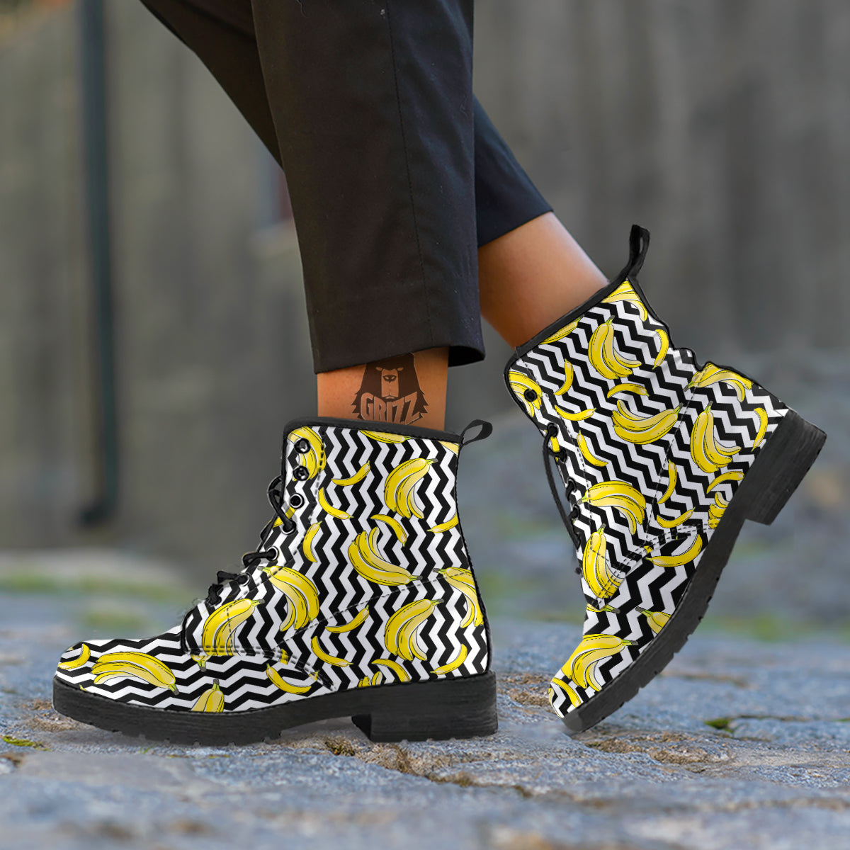 Banana Zigzag Print Pattern Leather Boots-grizzshop