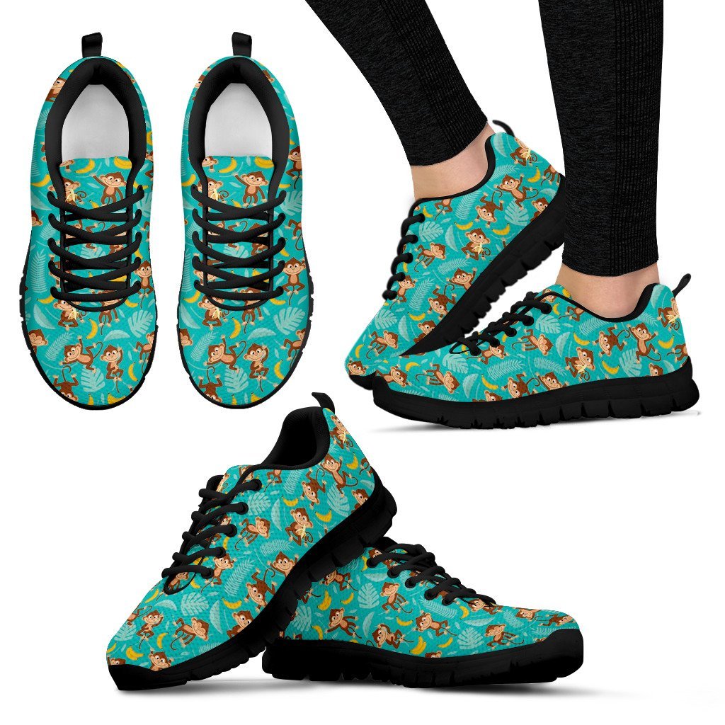 Banana Monkey Pattern Print Black Sneaker Shoes For Men Women-grizzshop
