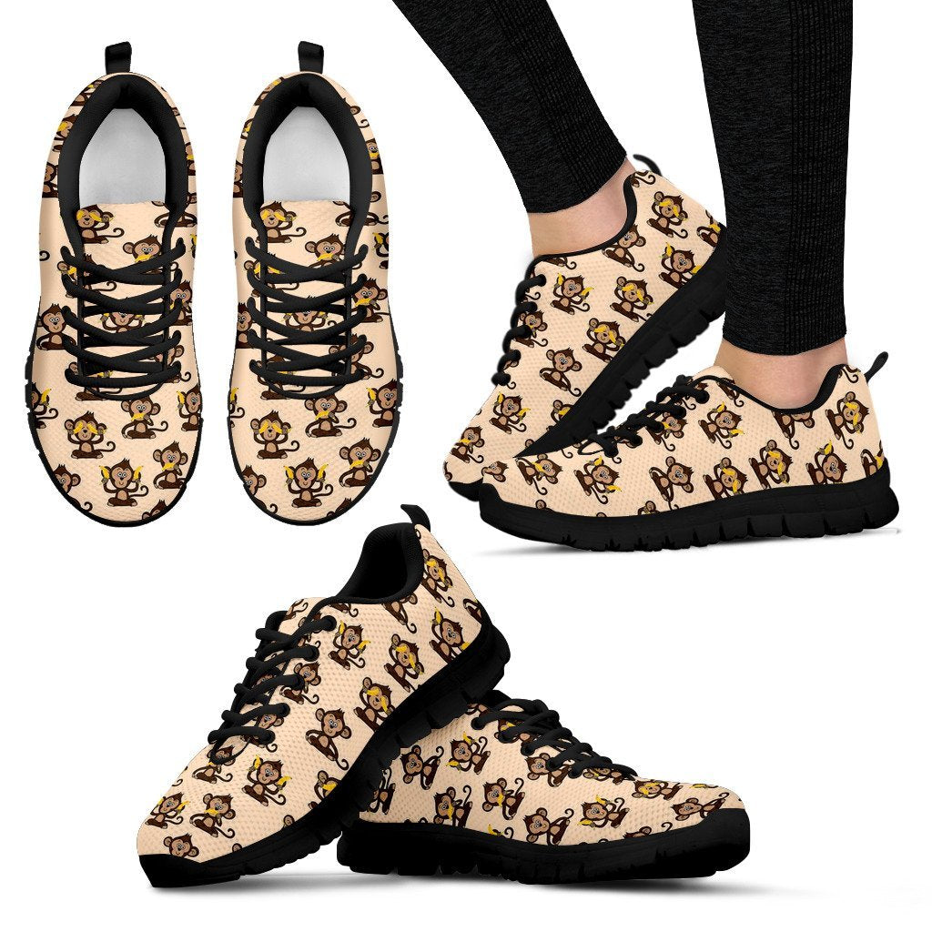 Banana Monkey Print Pattern Black Sneaker Shoes For Men Women-grizzshop