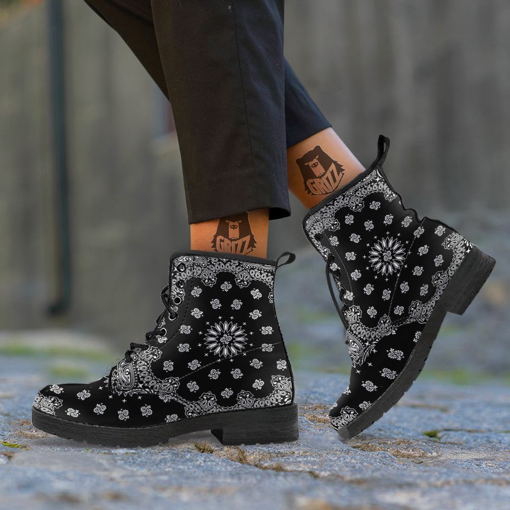 Bandana Black Paisley Print Leather Boots-grizzshop