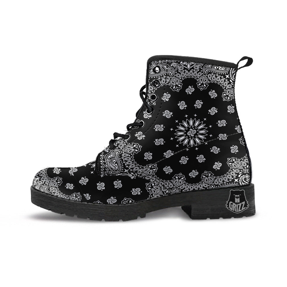 Bandana Black Paisley Print Leather Boots-grizzshop