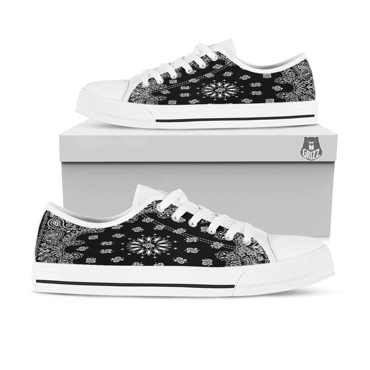 Bandana Black Paisley Print White Low Top Shoes-grizzshop