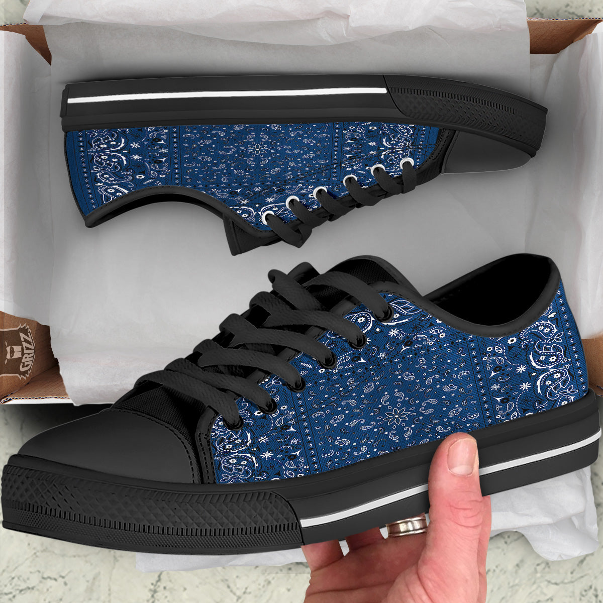 Bandana Blue Paisley Print Black Low Top Shoes-grizzshop