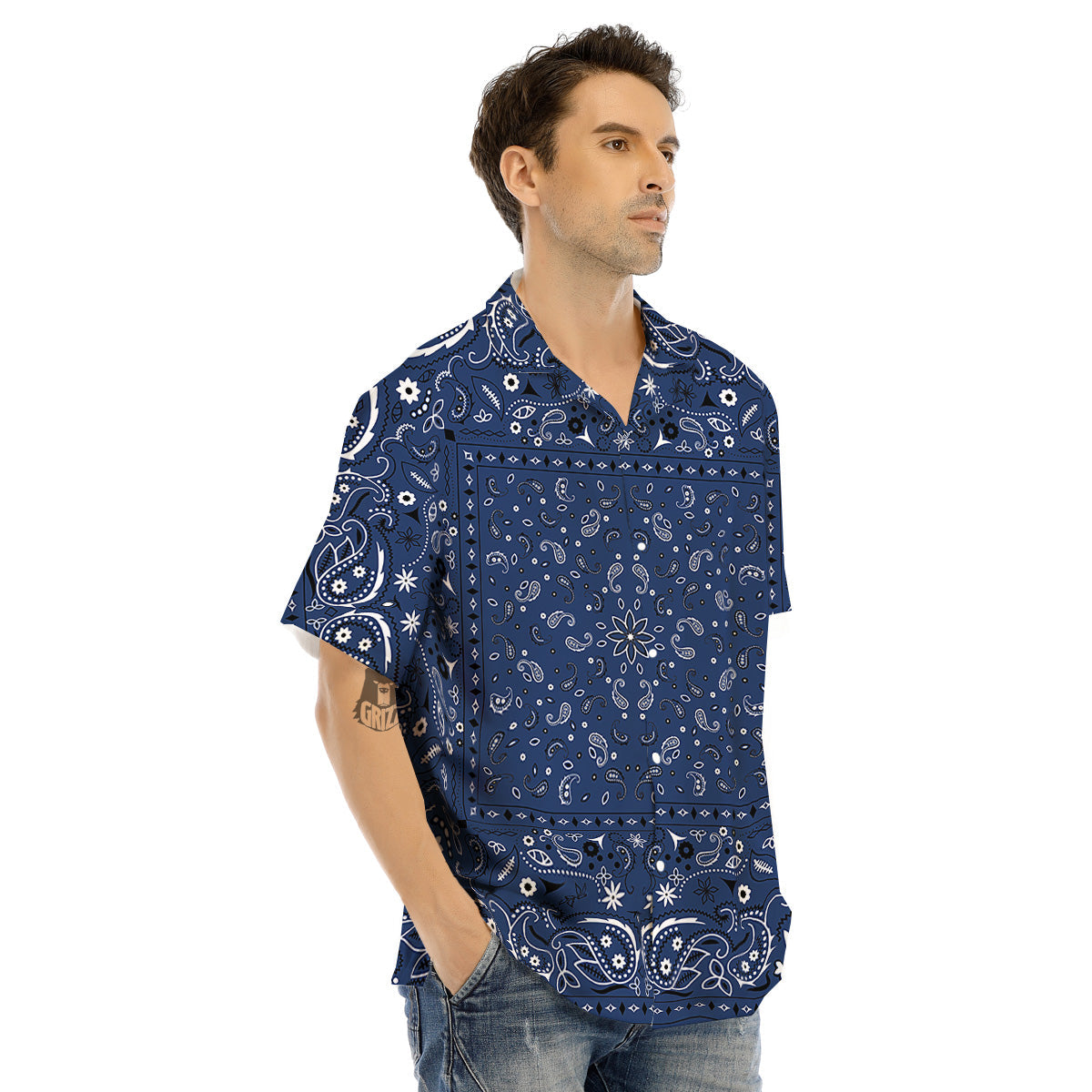 Bandana Blue Paisley Print Men's Hawaiian Shirt-grizzshop