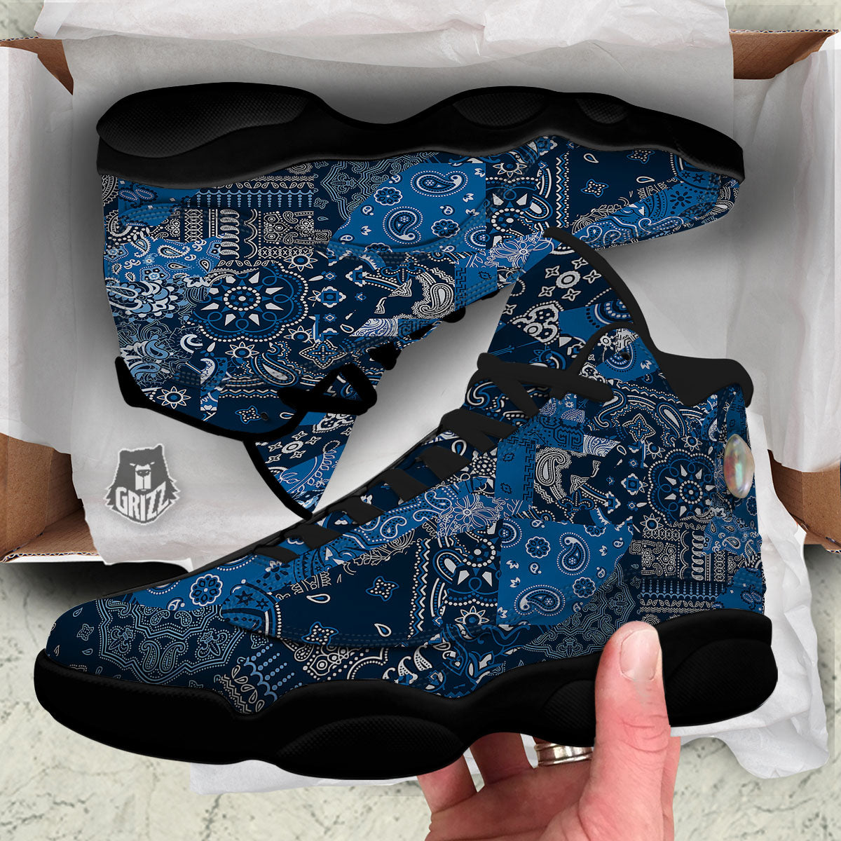 Bandana Blue Paisley Print Pattern Black Basketball Shoes-grizzshop