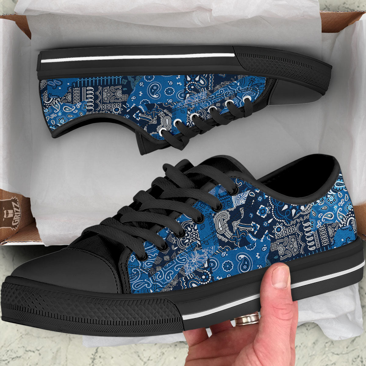 Bandana Blue Paisley Print Pattern Black Low Top Shoes-grizzshop