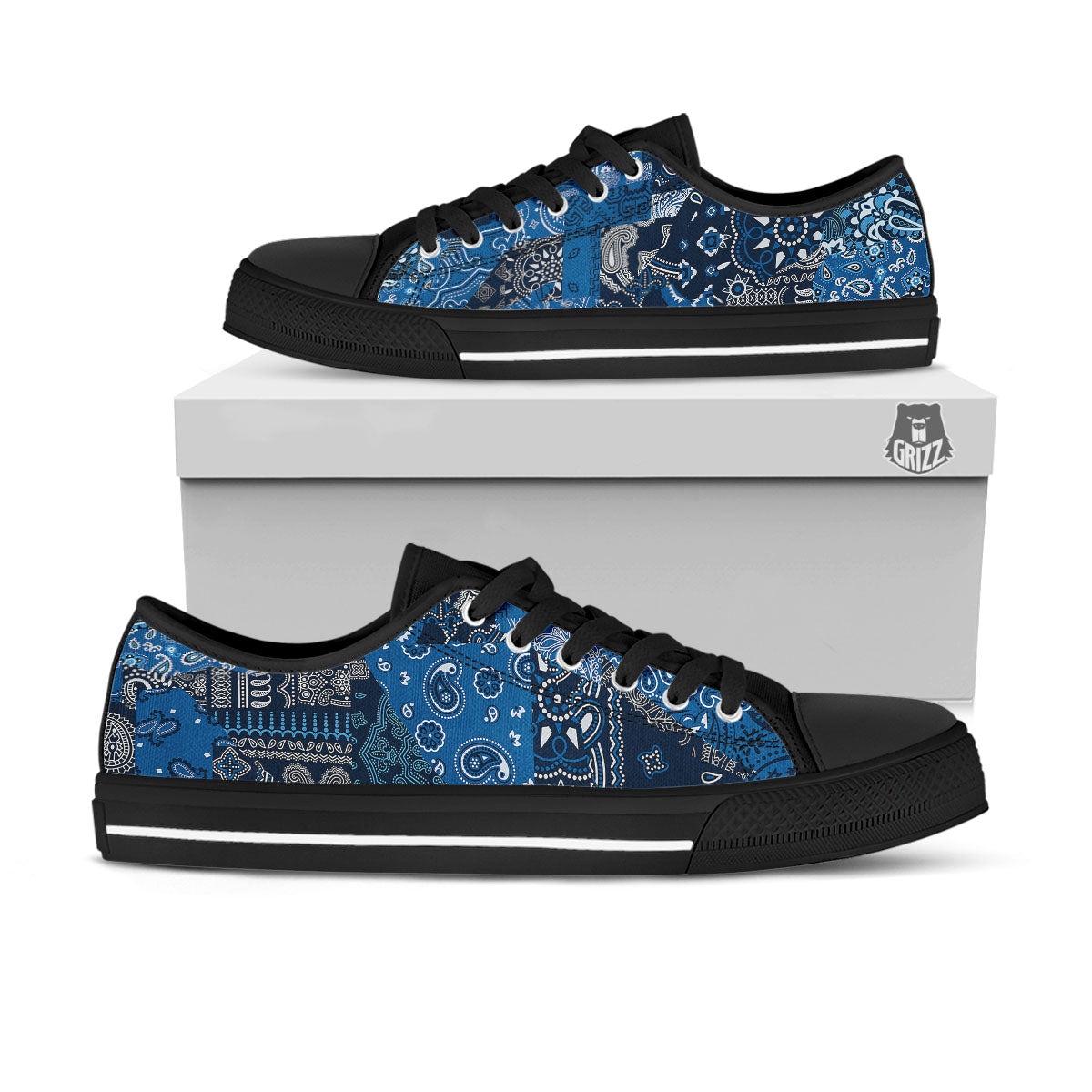Bandana Blue Paisley Print Pattern Black Low Top Shoes-grizzshop