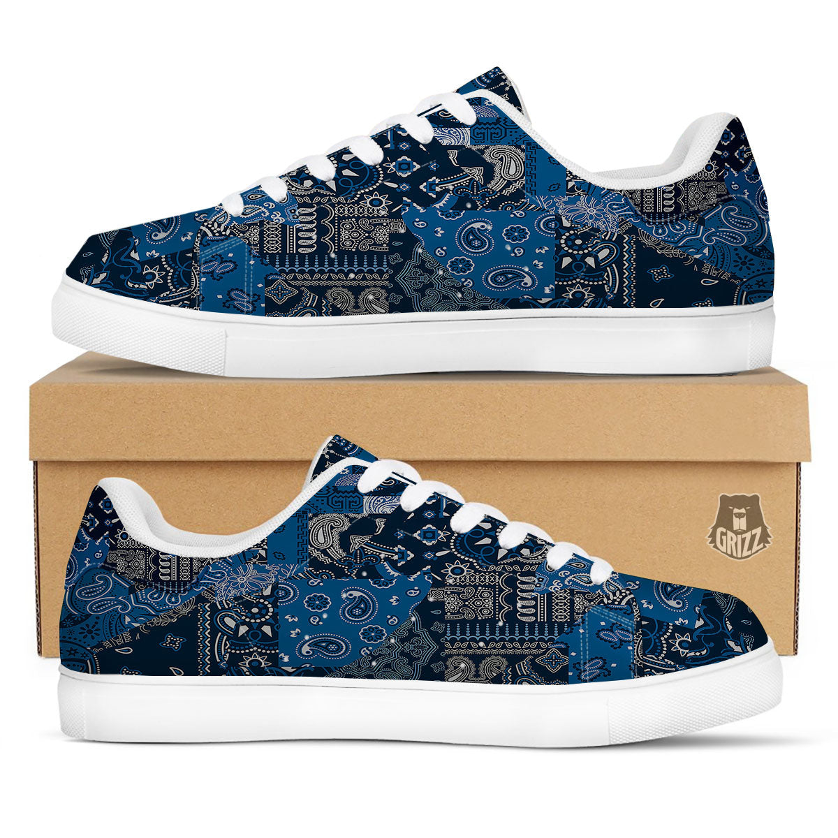Bandana Blue Paisley Print Pattern White Low Top Sneakers-grizzshop