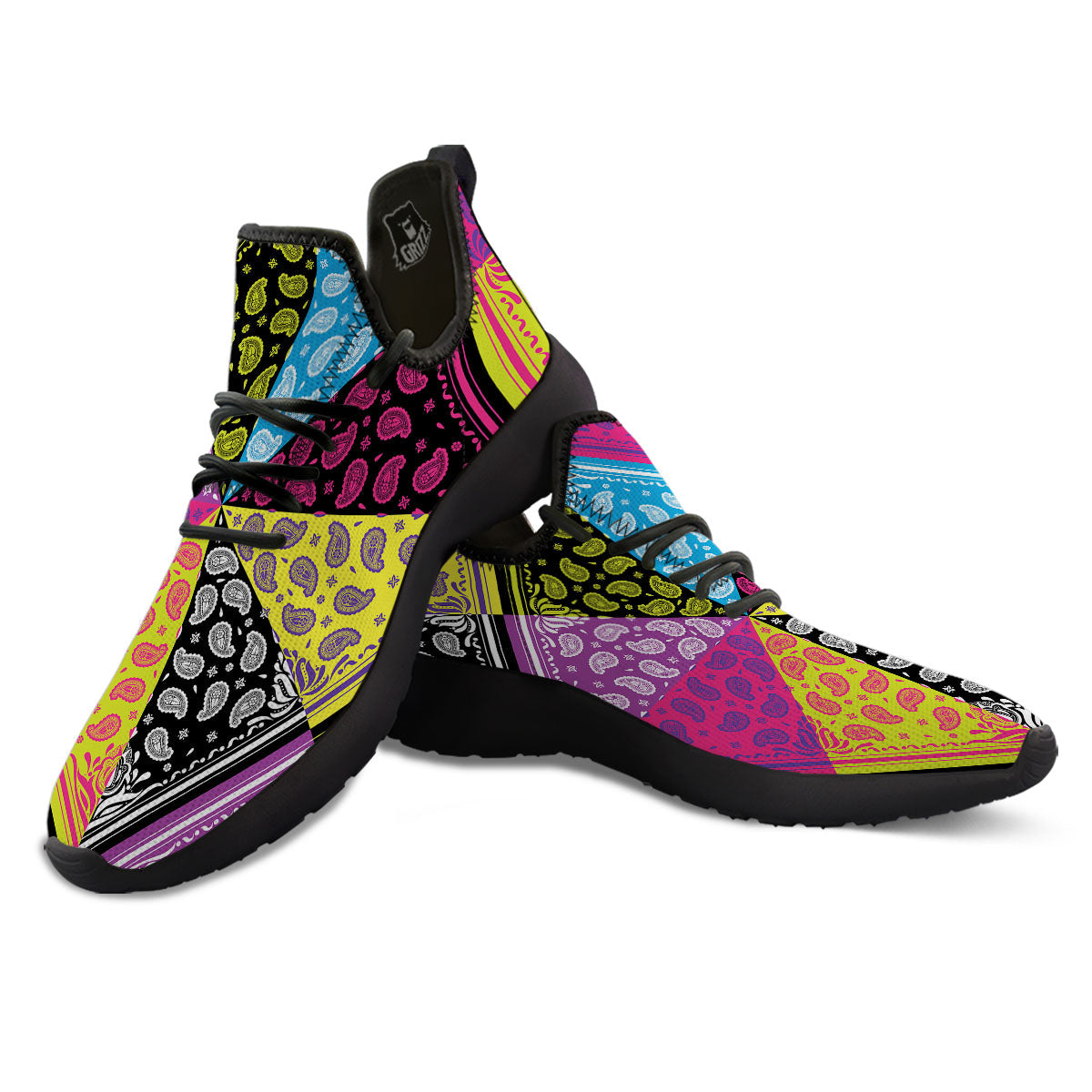 Bandana Paisley Colorful Square Print Black Athletic Shoes-grizzshop